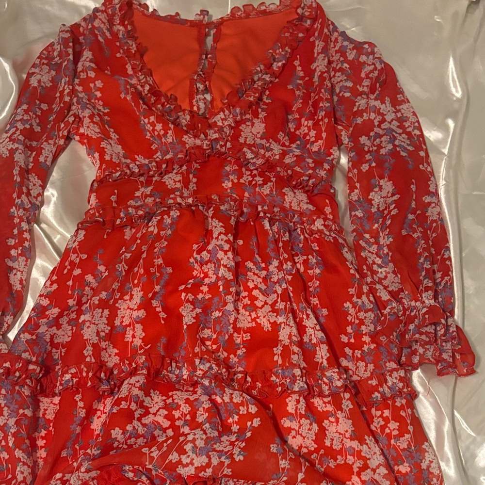 Floral Red Long Sleeve Dress